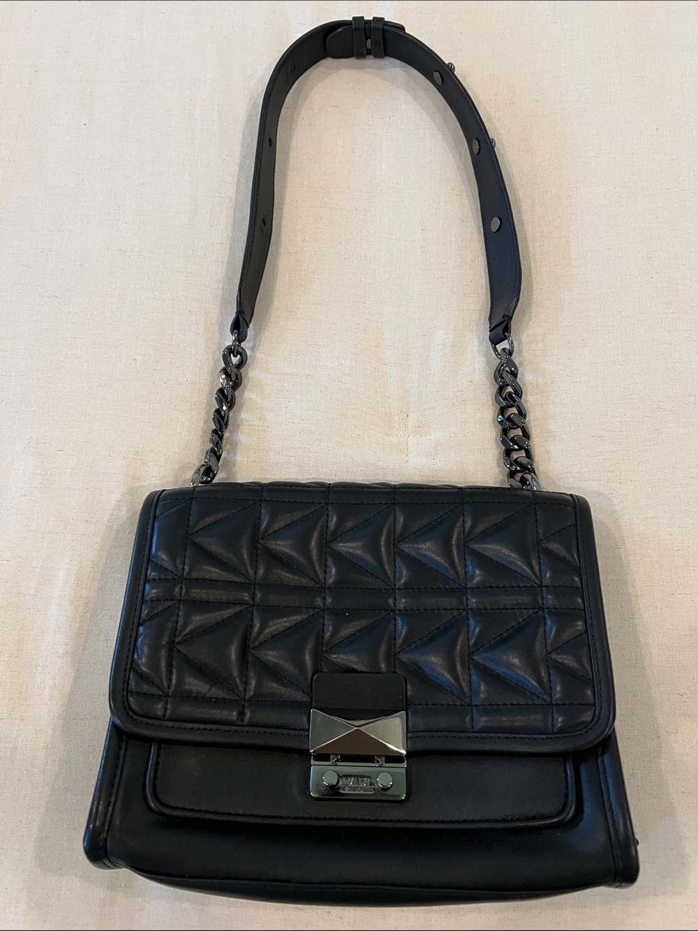Karl Lagerfeld Black Quilted Leather Shoulder Bag with Chain Strap